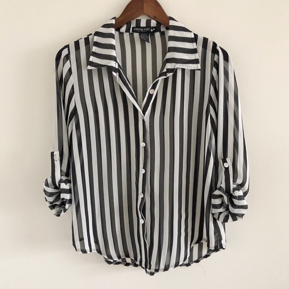 living doll Tops - Living Doll Black & White Stripe Sheer Blouse Med